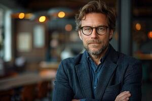 Portrait of a serious middle aged man with glasses and arms crossed in a cafe photo