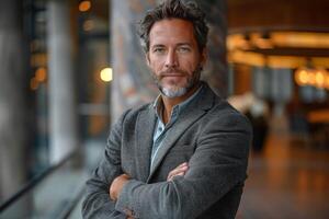 Confident businessman standing with arms crossed, looking at camera Professional portrait. photo