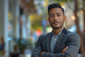 Portrait of a confident businessman with arms crossed, looking at camera in an urban setting. photo
