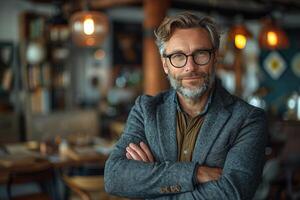 Portrait of confident mature man with beard and glasses in a cafe. photo
