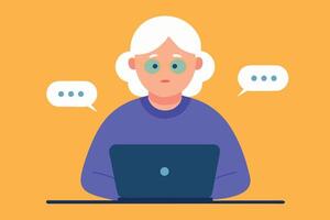 Grandma texting using laptop. flat Illustration vector