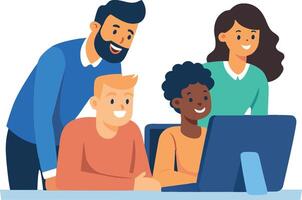 Diverse team brainstorming with computer flat illustration. Collab concept illustration vector