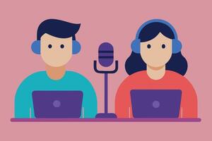 Radio host concept Idea of news broadcasting in the studio. Podcasting with the microphones. Flat illustration vector