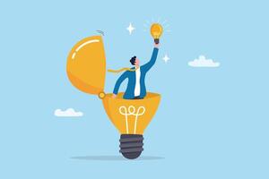 Discover insight or intelligence solution, best result or outcome, solving or finding solution, search new innovation, opportunity or invention, research concept, businessman find new lightbulb. vector