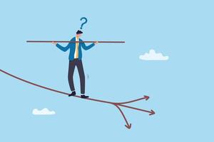 Decision making, choosing career choice, business direction alternative, crossroad decision, challenge for uncertainty direction, plan or progress concept, businessman acrobat choos direction to walk. vector