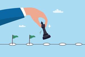 Strategic planning process, business or work progress achievement, journey, step to success, career development, timeline or winning solution concept, businessman move chess king step to achievement. vector