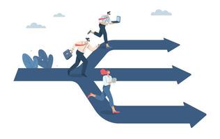 Creating business opportunities and competition, Different options or paths, Different goals, Three businessmen running on the same path towards three way intersection. design illustration. vector