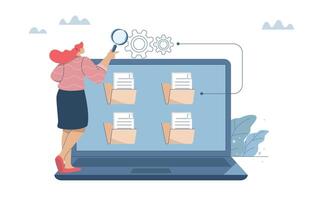 Concept of data storage, Document management, Office file folder, organizing important files, Female employee storing important documents permanently in laptop. design illustration. vector
