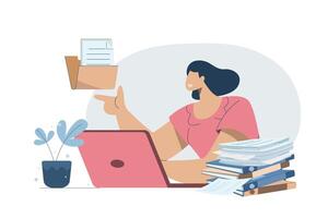 Concept of data storage, Document management, Office file folder, Organizing important files, Female staff working on archiving important documents. design illustration. vector