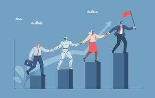 Team growth, Teamwork towards shared success, Collaboration with artificial intelligence, AI support, Business development, Leader with flag join hands with team and climb the growth graph. vector