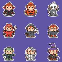Illustration elements of group of Monkey in halloween costumes. Halloween funny Monkey . Stickers, illustration, banner, elements set vector