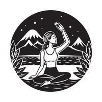 Serene Night Yoga by the Lake. Elegant Lady Practicing Under the Starry Sky . vector