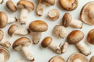 Mushrooms scattered on a clean white backdrop create a fresh, simple aesthetic photo