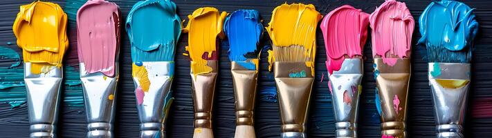 A collection of vibrant paintbrushes dipped in various acrylic paints lies on a dark background in a flat lay, symbolizing artistic creativity photo