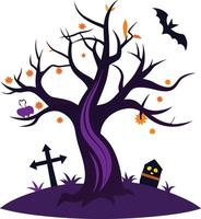 Illustration of Halloween tree in graveyard with bat vector