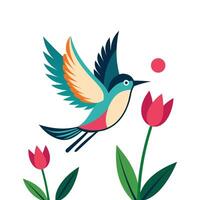 a colorful bird flying over flowers and a red dot vector