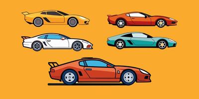 four different colored sports cars are shown on a yellow background vector