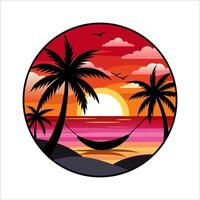 a sunset with palm trees and a hammock vector