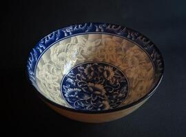A blue and white bowl with a floral design photo