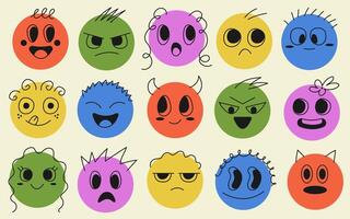 Set of abstract stickers with funny outline character face. Circle with playful emoticons. Doodle mascot characters with a smile vector