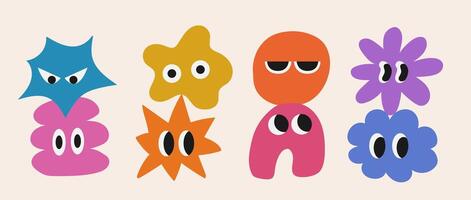 Set of abstract basic shape with big eye. Hand drawn trendy flat style. Collection character stickers. Faces with various comic emotions on isolated background vector