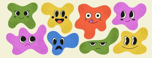Set of abstract playful spot with character face on isolated background. Different type of face expression. Hand drawn trendy vector