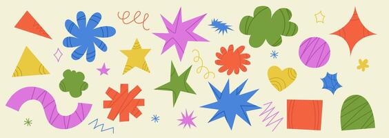 Set of abstract playful shape. Retro spiked explosion stickers. Bursting multicolored textured star. Design elements vector