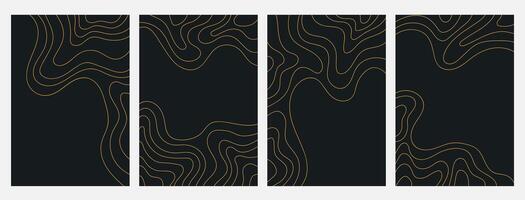 Set of contour topographic map banner. Geographic mountain relief. Abstract lines background. Gold and black colors vector