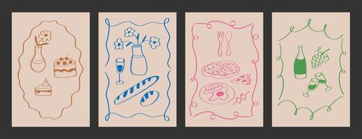 Set of poster with food and meal, abstract doodle frame. Italian menu. Breakfast background. vector
