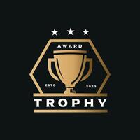 Award trophy logo with elegant design of gold colored trophy in hexagon shape, accompanied by three stars. This logo is perfect for use in award events, competitions vector