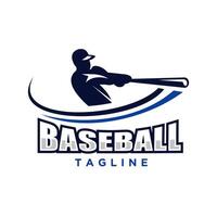 Baseball logo with a silhouette of a player hitting the ball, surrounded by curved lines that create a sense of dynamic movement. suitable for team branding, sporting events vector