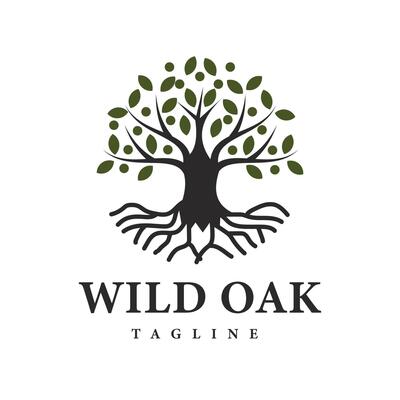 Wild Oak Logo Design silhouette of a sturdy oak tree with deep roots