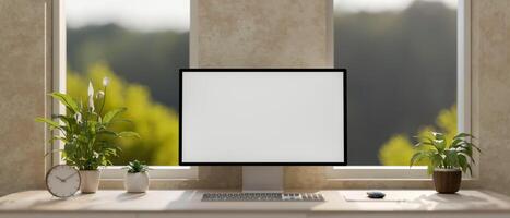 A modern loft office workspace features a computer with a white screen mockup on a table. photo