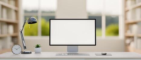 A computer desk in a contemporary room features a computer with a white screen mockup. photo