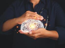 Digital image of the brain on the palm. Artificial Intelligence, AI Technology. Business analysis, innovation, technology in science and medicine. Mental health protection, care, medical and treatment photo