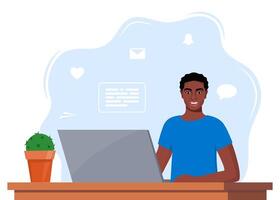 Office worker African American man working on a laptop computer at the office desk. Flat style illustration. vector