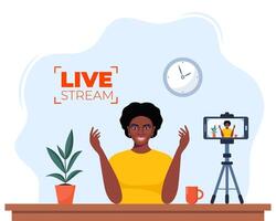 Blogger communicates in live stream with followers. African American Woman records content on camera. Influencer creating for a blog. blogging concept. illustration. vector