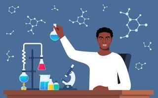 Scientist in chemistry laboratory working on research and exploration. Flasks, vials, test tubes with substance. Lab research, testing, studies in chemistry. illustration. vector