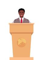Black man in a business suit stands on a rostrum in front of the microphones. Man orator speaking from tribune. illustration. vector