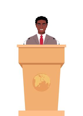 Black man in a business suit stands on a rostrum in front of the microphones. Man orator speaking from tribune. illustration.