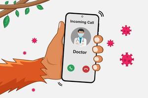 Hand of monkey holding a mobile phone with incoming call from doctor related to Mpox or Monkeypox virus. Mpox disease concept. vector