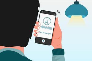 Man gives a voice command to a smart home application on his smartphone to turn on the light vector