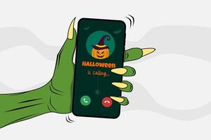 Green zombie hand holding a smartphone with call from Halloween pumpkin on the screen vector