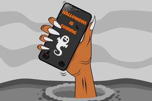 A zombie hand comes out of the ground holding a mobile phone with Halloween is coming written on the screen. Happy Halloween concept. vector