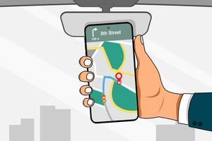 Hand of man in a car holding a mobile phone with a GPS navigation map. vector