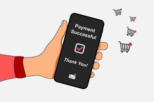 Hand holding a mobile phone to make online shopping payment using a smartphone. Online payment concept. vector
