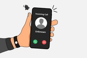 Hand holding a smartphone with incoming call from unknown number on the screen. Spammer incoming call concept. vector