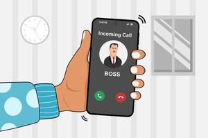 Hand holding a smartphone with incoming call from Boss at night after business hours. Right to disconnect concept. vector