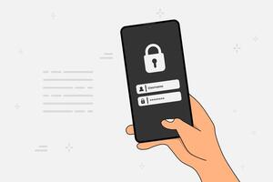 Hand holding a smartphone to login username and password on screen. Data privacy online protection on mobile phone application vector