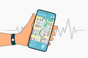 Hand holding a mobile phone with a workout or fitness app on the screen. Running app track concept. vector
